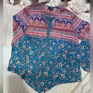 Tolani small Floral Bohemian Women's Top - Blue and Pink asymmetrical silk